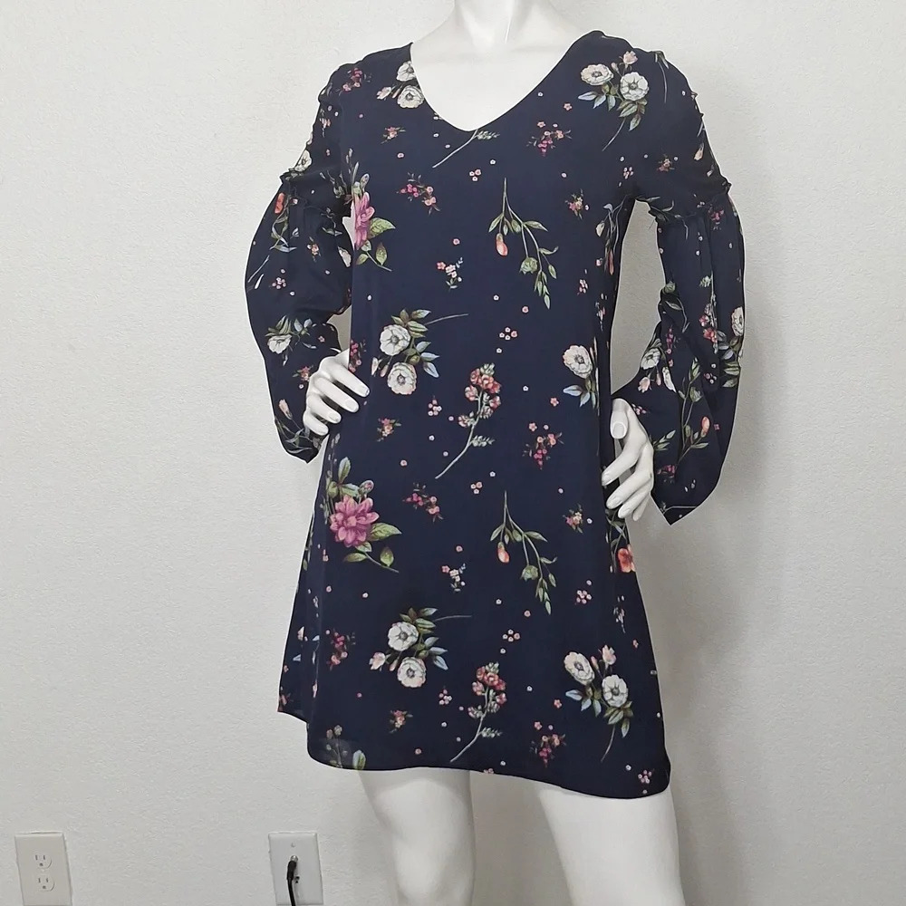 Charming Charlie Bohemian Navy Blue Floral Hippie Bell Sleeve Boho Mini Dress *S